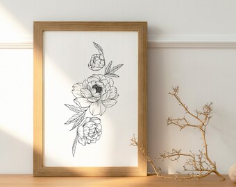 3 Peonies Outline Artwork | Peony Digital Drawing | Peony Fine Line Art | Peony Tattoo Drawing | Instant Download | Peony PNG JPEG PDF