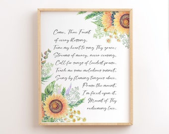 Come Thou Fount, Christian Hymn Lyrics, Printable Wall Art, Sunflowers, Christian Printable, Instant Download, Printable Hymns, Hymn Art