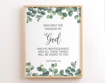 Matthew 6:33, Seek First The Kingdom Of God, Scripture Printables, Bible Verse Wall Art, Christian Wall Decor, Bible Verse Print, Greenery