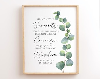 Serenity Prayer Print, Eucalyptus Wall Art, Recovery Gift (Instant Download)