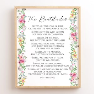 The Beatitudes Wall Art, Matthew 5:3-10, Printable Bible Verses, Scripture Printable Wall Art, Christian Gifts, Christian Wall Art, Floral