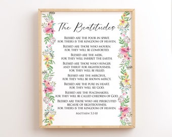 The Beatitudes Wall Art, Matthew 5:3-10, Printable Bible Verses, Scripture Printable Wall Art, Christian Gifts, Christian Wall Art, Floral