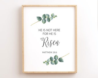 Matthew 28:6, He Is Not Here For He Is Risen, Easter, Printable Bible Verse, Scripture Printables, Christian Wall Art, Bible Quote Print