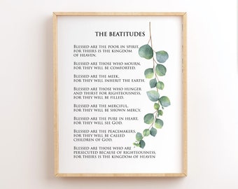 Matthew 5:3-10, The Beatitudes, Printable Bible Verse Wall Art, Printable Scripture Poster, Christian Printable Wall Art, Modern, Eucalyptus