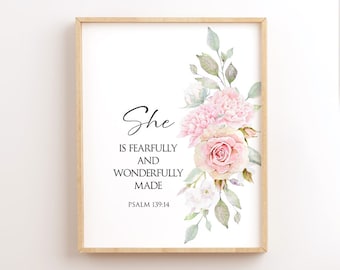 She Is Fearfully And Wonderfully Made, Psalm 139:14, Floral Nursery Bible Verses For Girls, Christian Printable Wall Art, Baby Baptism Gift