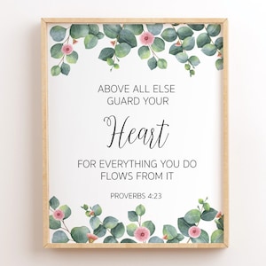 Spreuken 4:23, Bewaak vooral je hart, Schrift afdrukbaar, Bijbelvers muurkunst, christelijke muur decor print, aquarel eucalyptus