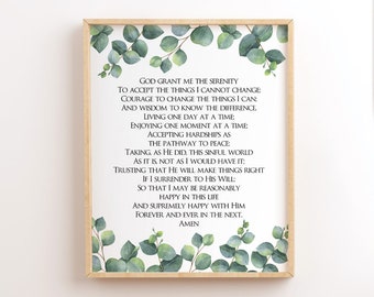 The Serenity Prayer Full Version, Serenity Printable, Eucalyptus, Wall Art, God Grant Me The Serenity Print, Recovery, AA, Sobriety Gift,