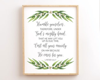 1 Peter 5:6-7, Cast All Your Anxiety On Him, Printable Bible Verse Wall Art, Humble Yourselves, Christian Quote Prints, Scripture Printable