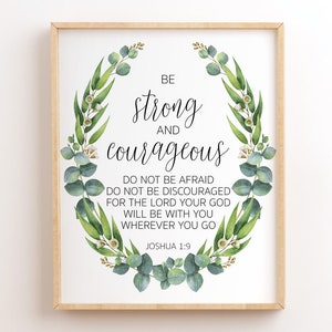 Jozua 1:9, wees sterk en moedig, bijbelvers afdrukbaar, schriftkunst aan de muur afdrukbaar, christelijk wanddecor, bijbelcitaat afdrukken, groen