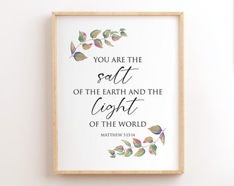 Salt and Light Printable, Matthew 5:13-14, Christian Print, Salt of The Earth, Light Of The World, Scripture Printable, Bible Verse Wall Art