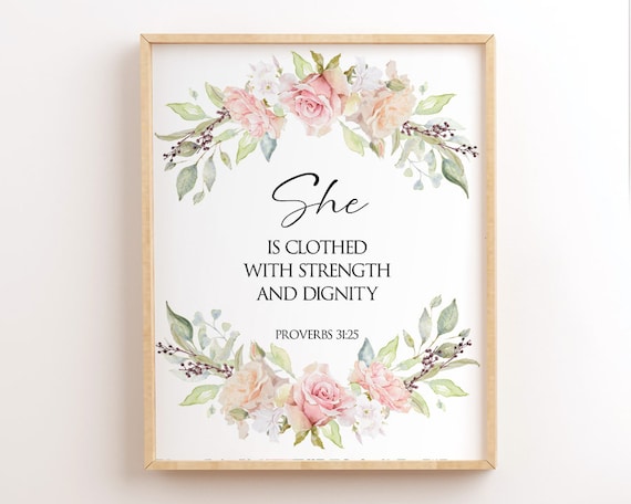 she is dressed with dignity bible verse 32" Proverbs 31:25 She is Clothed in Strength and Dignity and She Laughs Without Fear of The Future Wall Decal Sticker Scripture Bible Verse Art Mural Christian God Nursery Girl Woman