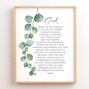 Serenity Prayer Full Version, Printable, Serenity Print, Wall Art, God Grant Me The Serenity, Recovery, AA, Sobriety Gift, Eucalyptus,