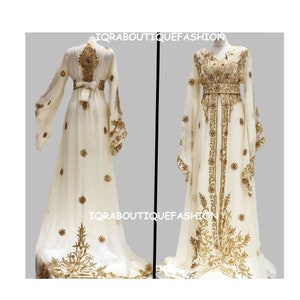 White Moroccan Dubai Kaftan christmas kaftan Stylish Long Sleeve Arabic Wedding Gown Floor Length Dress  Hand Beaded Bridesmaid Party Wear