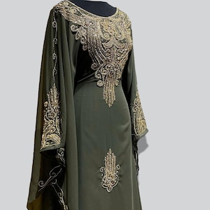 Moroccan Kaftan Dubai Style, Olive Green Beaded Caftan for Women, Ramadan Eid Dress, Arabic Wedding Guest Gown, Modest Islamic Clothing