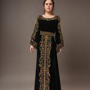 Black Velvet Palestinian Thobe with Hand Beaded Details, Moroccan Kaftan Abaya Maxi Dress, Arabic Jalabiya Farasha Party Wear Wedding Gown