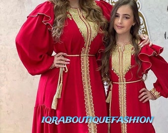 Muslim Girls with Mother Dress Kids Abaya Moroccan caftan Kids jilbab Kids Jellabiya Islamic Kids Dress for Girls Birthday gift Dress