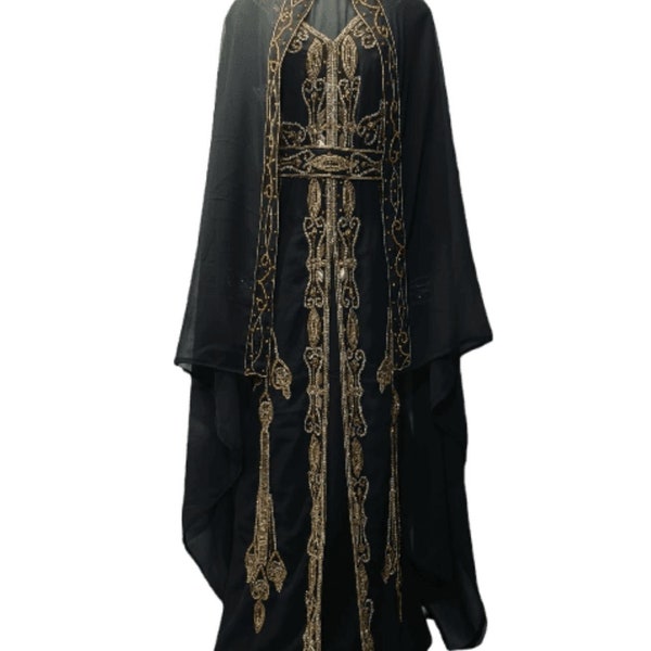 Nouveau caftan noir femme abaya robe longue avec écharpe veste caftan marocain dubaï abaya