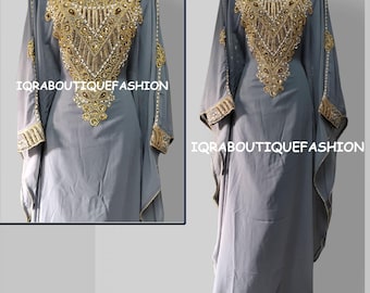 Grey Moroccan Kaftan, Heavily Beaded Abaya, Mother of the Bride Dress, Dubai Islamic Gown, Formal Party, Nikkah Dress,Wedding Guest Outfit