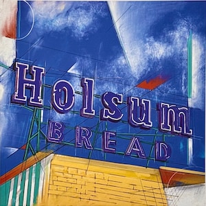 May include: A blue and white sign with the text "Holsun Bread" in purple lettering. The sign is on a brick building with a yellow facade.