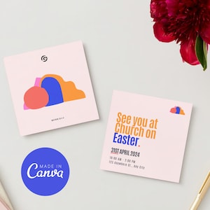 May include: Two light pink square cards with colorful abstract designs and text. One card says "See you at Church on Easter" with date and time details. The other card has a similar design and the letter "G". A blue circle says "Made in Canva".