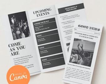 May include: A black and white photo of a group of people raising their hands in the air. The photo is on a tri-fold brochure with the text "Discover Hope & Community at [Church Name]" and "Good News" in a bold, black font. The brochure also includes information about upcoming events, ministries, and programs at the church.