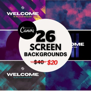 May include: A digital illustration of 26 colorful screen backgrounds for use in presentations or videos. The image includes the text "26 SCREEN BACKGROUNDS" and "$40-$20".