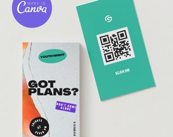 Pode incluir: Um folheto para uma noite de jovens com o texto "Got Plans?" e "Don't Come Alone" em um design de papel rasgado colorido. O folheto também inclui o texto "Fridays at Seven PM" e um código QR com o texto "Scan Me".
