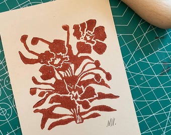 Linoldruck (A6) Bouquet | Handgemachter Botanical Print | Florale Wandkunst