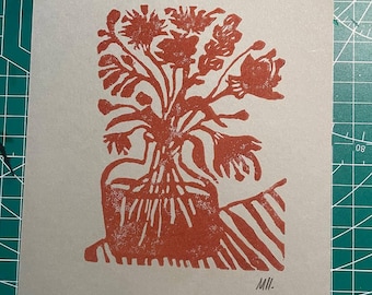 Linoldruck (A5) Blumen in Vase | Handgemachter Botanical Print | Florale Wandkunst