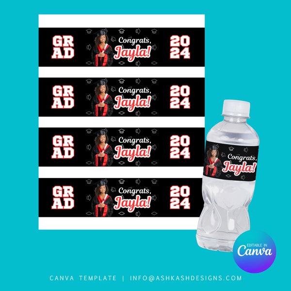 Graduation Water Bottle label Canva Template, Graduation party favor, class of 2024