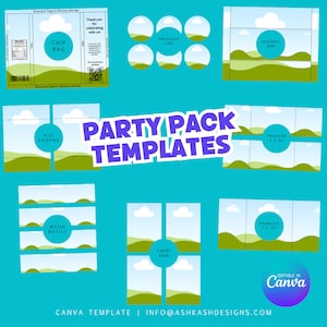 Plantillas para paquetes de fiesta: Bolsas de papas fritas, barras de Hershey, Pringles (Canva editable)