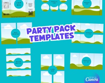 Party Pack Vorlagen: Chip-Beutel, Hershey Bar, Pringles (Canva bearbeitbar)