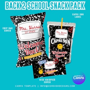 Lot de 2 collations de bienvenue pour l'école Modèles sur toile, Sac de croustilles, Rice Krispies, Capri Sun, Loisirs créatifs, Enseignants