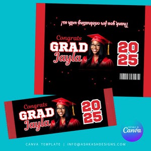May include: A black and red printable graduation party favor with a photo of a graduate wearing a cap and gown. The text "Congrats GRAD Jayla 2025" is printed on the favor. The favor is editable in Canva.