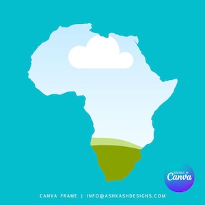 Puede incluir: Una ilustración simple del continente africano con una nube blanca arriba y un campo verde en la parte sur del continente. El fondo es de un azul turquesa sólido.