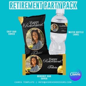 May include: Retirement party pack printable template with a black and gold design. The template includes a chip bag cover, a water bottle label, and a Hershey bar cover. Each design features a photo of a person and the text "Happy Retirement!" with the person's name.