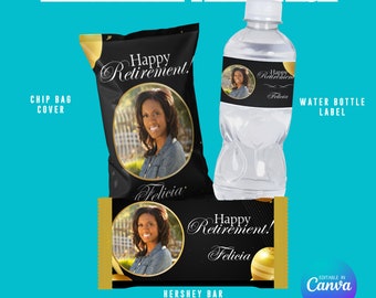 Retirement Party Pack Chip Tasche, Hershey Bar, Wasserflasche, Canva Vorlage