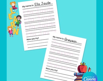Writing Worksheet template, Name or Word Outline Template, Editable in Canva