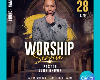 Può includere: Un volantino per un servizio di culto il 28 gennaio alle 11:00. Il volantino presenta un uomo in abito, l'interno di una chiesa e il testo "WORSHIP Service, Pastor John Brown, 123 Anywhere St., Any City, ST 12345, Canva Template, info@ashkashdesigns.com".