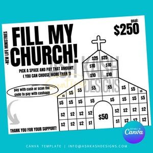 Könnte beinhalten: Schwarzweißes druckbares Kirchen-Spendenspiel mit dem Text "Fülle meine Kirche!" und einem Ziel von 250 €. Das Spiel beinhaltet ein Kirchengebäude mit Feldern, die mit verschiedenen Dollarbeträgen gefüllt werden können.