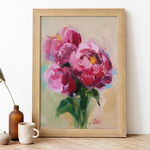 Peony Oil Painting Pink Flower Wall Art Print Floral Framed Poster Botanical Canvas Print by Nataly Mak