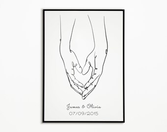 Custom Valentine's Gift Holding Hands One Line Art Wedding Anniversary Line Drawing Print Personalised Couple Hands Art Digital Download
