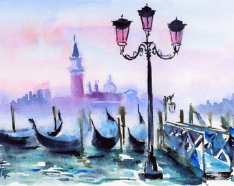 Venice Watercolor Painting Italy Wall Art Print Grand Canal Art Poster Gondola Giclee Print by NatalyMak