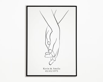 Holding Hands Line Art Custom Valentine's Gift Personalised Couple Hands Art Wedding Anniversary Line Drawing Print Digital Download