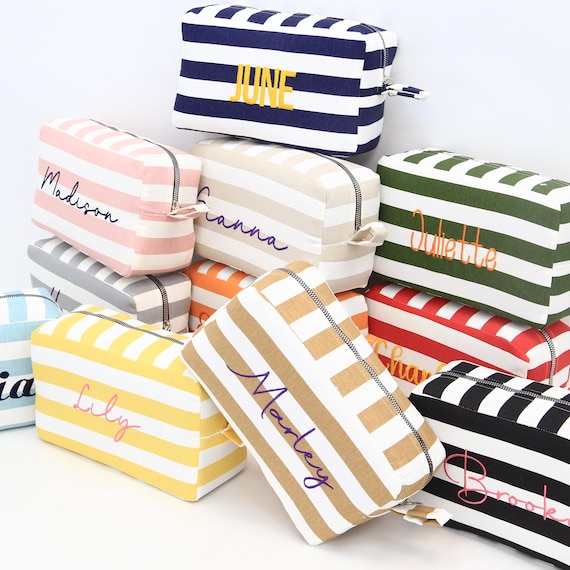 Striped Makeup Bag, Custom Name Bag, Gift for Her, Bridesmaid Party Favors, Embrodiered Pouch, Mini Bag, Toiletry Bag for Girls, Mini Bags