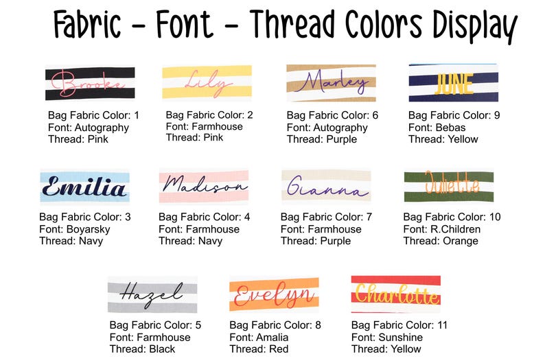 May include: A display of fabric, font, and thread color combinations. Each sample shows a name in a different font and thread color, with the fabric background in various colors. The text "Fabric - Font - Thread Colors Display" is at the top.
