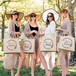 Bachelorette Party Tote Bags for Wedding, Personalized Burlap Tote Bag, Gifts For Her, Custom Name Printed Jute Tote Bags, Bridesmaid Bags