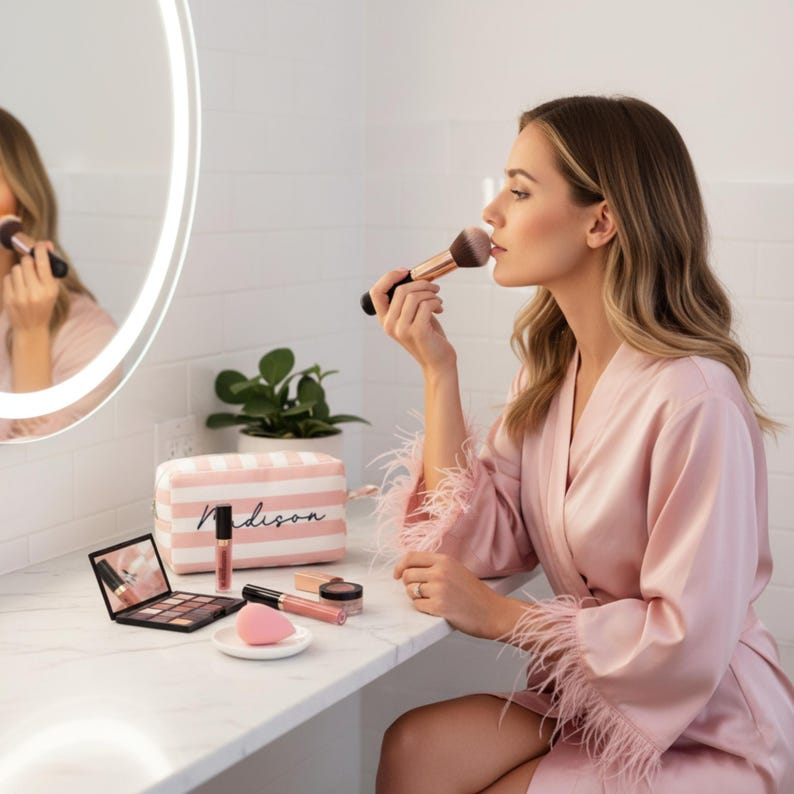 May include: A woman in a pink robe applies makeup in a well-lit bathroom. A striped pink and white makeup bag with the name "Madison" is on the counter, along with various makeup products and a mirror. A lighted oval mirror is on the wall.