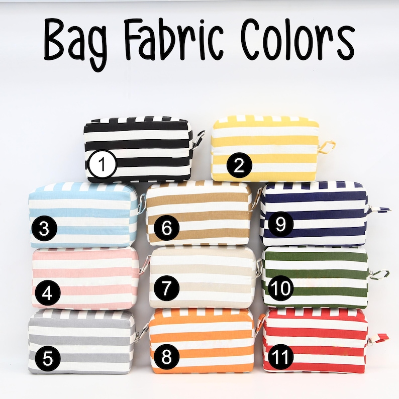 May include: A collection of eleven small, rectangular bags with various striped fabric patterns. The bags are numbered and feature colors such as black, yellow, blue, pink, gray, brown, beige, orange, green, and red. The text "Bag Fabric Colors" is at the top.