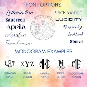 May include: Image showcasing font options and monogram examples. The text includes various font styles like "Letteria Pro" and "Black Mango." Monogram examples feature different designs, including "Diamond Style" and "Natural Circle," set against a colorful watercolor background.